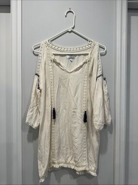 Romeo & Juliet Couture Cream Boho Tunic Dress with Navy Tassels